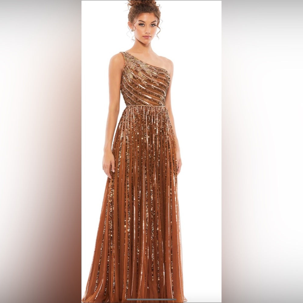 Formal one shoulder Bronze look-like-a- goddess dress
